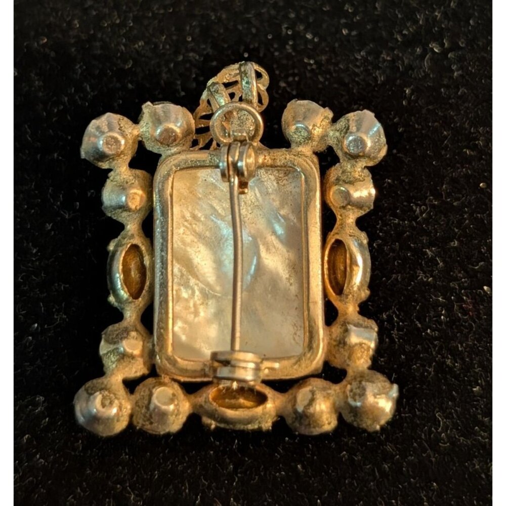 Vintage Pink Green Rhinestone Brooch Pendant Filigree Flower Mother of Pearl - Picture 6 of 14